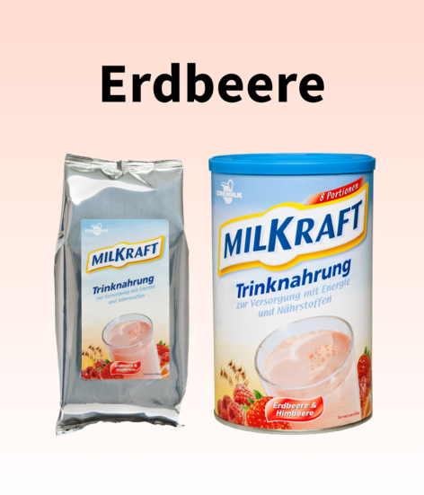 Produktbild von MILKRAFT® Trinknahrung in Erdbeergeschmack, in Beutel und Dose abgebildet.