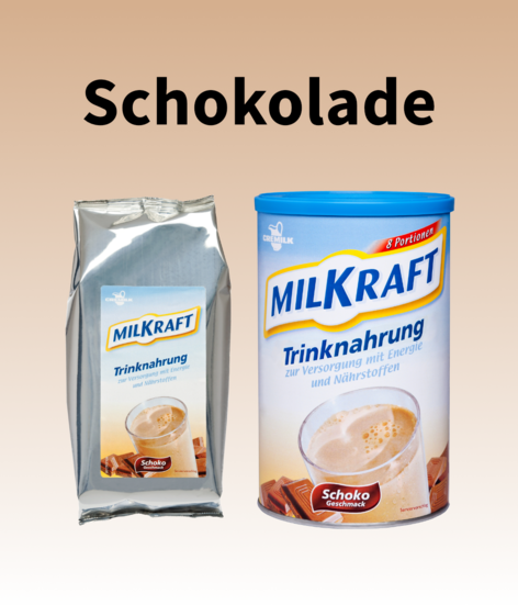 Produktbild von MILKRAFT® Trinknahrung in Schokogeschmack, in Beutel und Dose abgebildet.