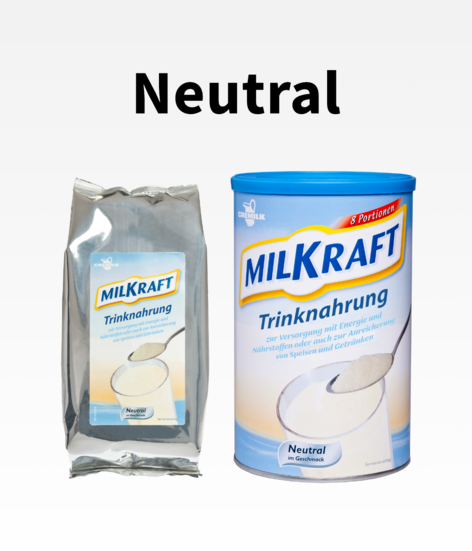 Produktbild von MILKRAFT® Trinknahrung in neutralem Geschmack, in Beutel und Dose abgebildet.