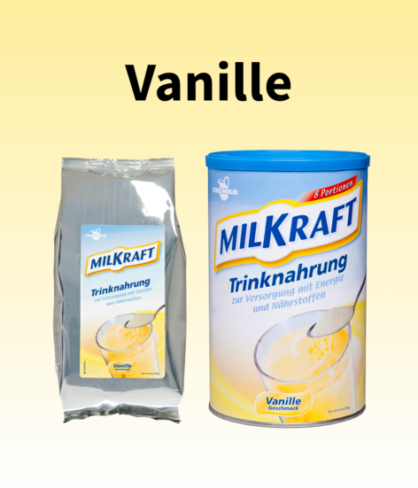 Produktbild von MILKRAFT® Trinknahrung in Vanillegeschmack, in Beutel und Dose abgebildet.